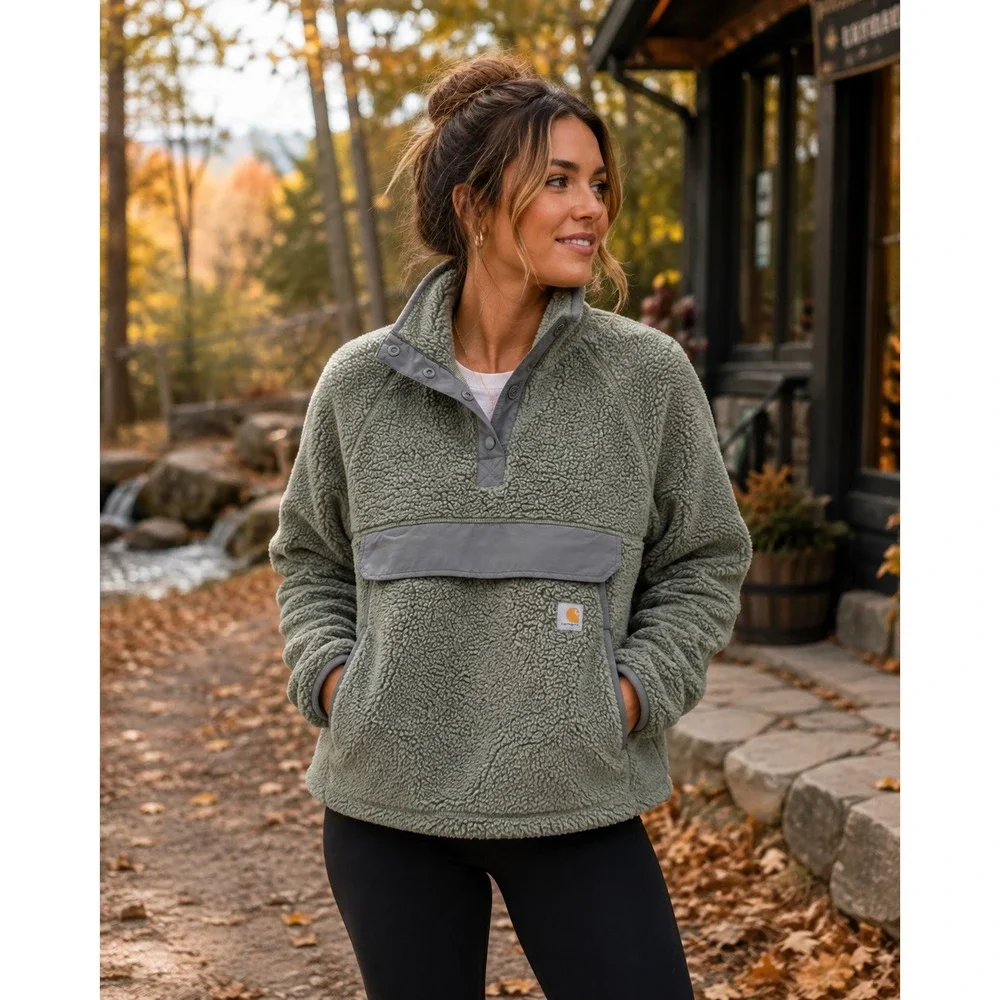 Carhartt OJ4991-W Sherpa Fleece Snap Pullover Sage Green Relaxed Fit Hiking Sz M